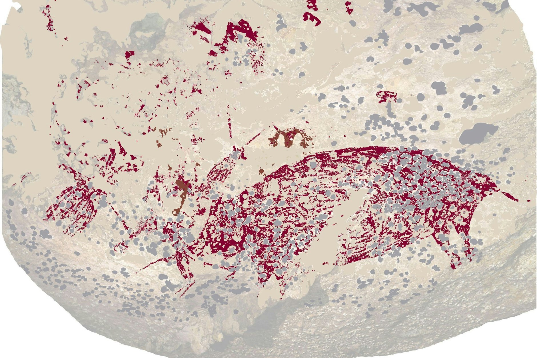 Die Felsmalerei auf der indonesischen Insel Sulawesi wurde auf ein Alter von mindestens 51.200 Jahren datiert. In diesem Ausschnitt gut zu erkennen: das Pustelschwein und mit etwas Fantasie auch sein Friseur.