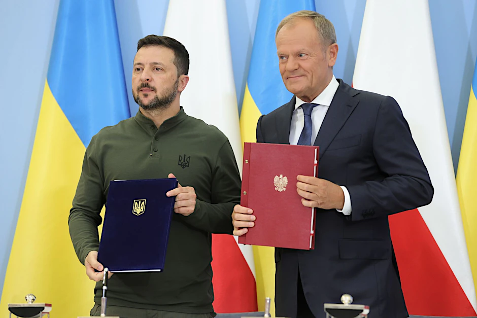 Der polnische Ministerpräsident Donald Tusk (r) und der ukrainische Präsident Wolodymyr Selenskyj mit dem unterzeichneten Sicherheitsabkommen.
