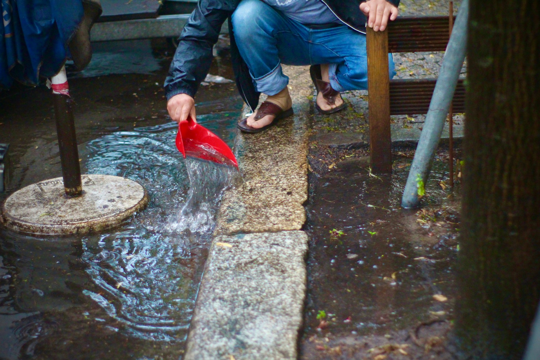 Ein Mann in Kreuzberg nutze die Wassermassen seinen Lieblingsbaum zu wässern. Mit einer Kehrschaufel schaufelte er Liter für Liter ins Wurzelbett.