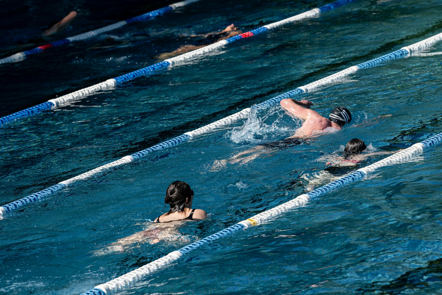 Badegäste schwimmen im Sommerbad Kreuzberg im Sportbecken. 