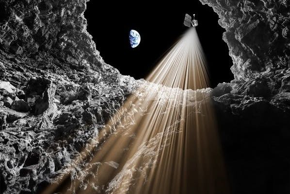 Künstlerische Darstellung der Entdeckung: Eingang zur Mondhöhle im Radar der Sonde „Lunar Reconnaissance Orbiter“.