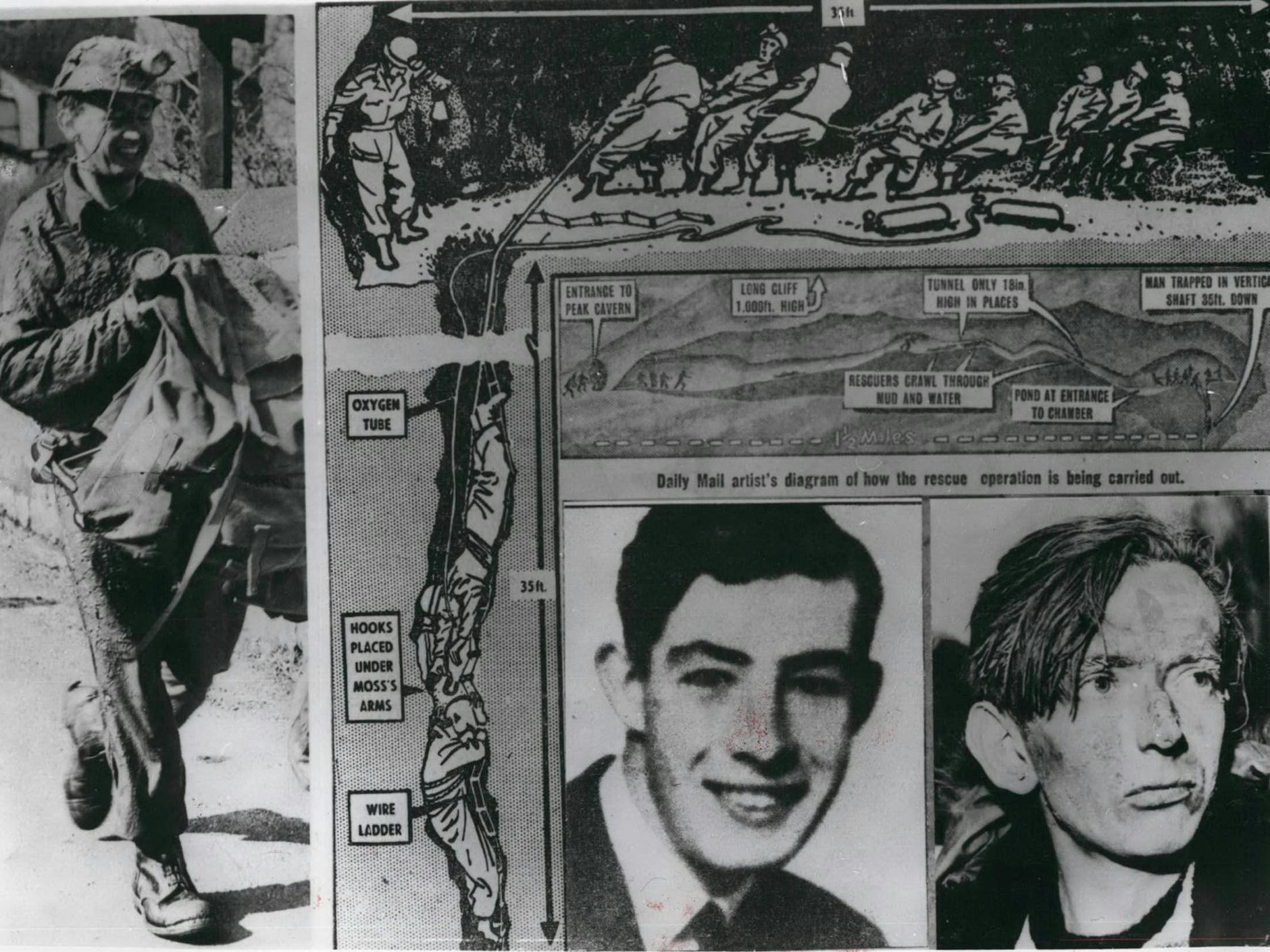 Die alte Collage zeigt Neil Moss und zwei der Helfer, die versuchten, ihn zu retten. In der schematischen Zeichnung im Hintergrund ist die Rettungs-Aktion zu sehen.