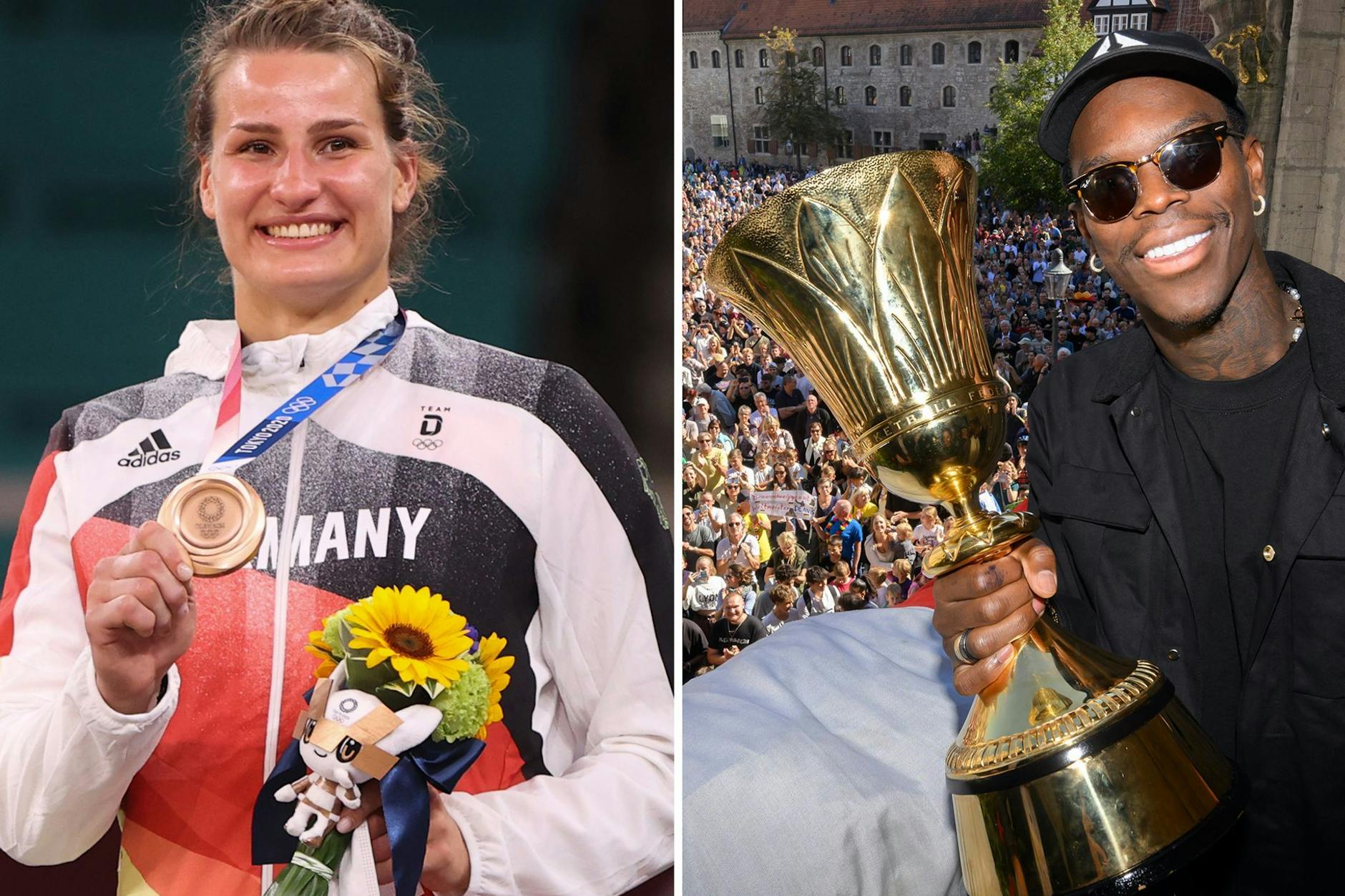 Vor den Olympischen Sommerspielen, Olympia Paris 2024, die zweiteilige Bildkombo zeigt Judoka Anna-Maria Wagner (Foto vom 29.07.2021) mit ihrer Olympia-Bronzemedaille und Basketballer Dennis Schröder (Foto vom 15.09.2023) mit dem WM-Pokal.