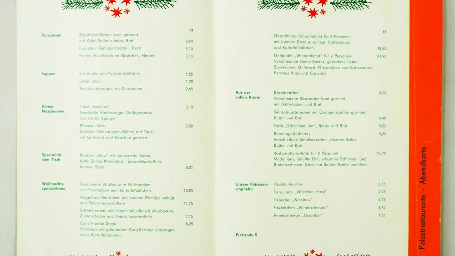 Diese alte Speisekarte zeigt, was es im Palast der Republik zur Weihnachtszeit gab. Lecker!