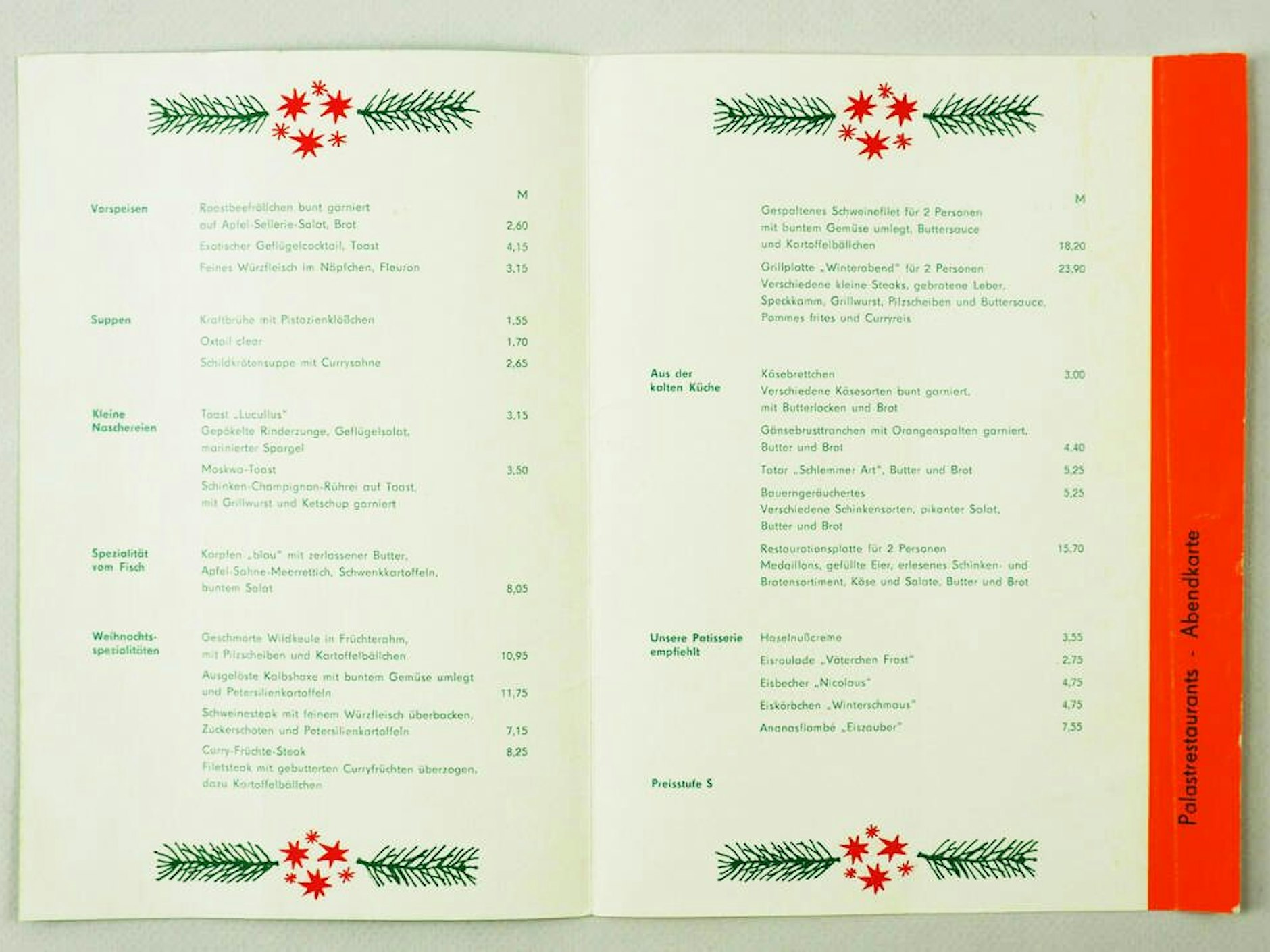 Diese alte Speisekarte zeigt, was es im Palast der Republik zur Weihnachtszeit gab. Lecker!