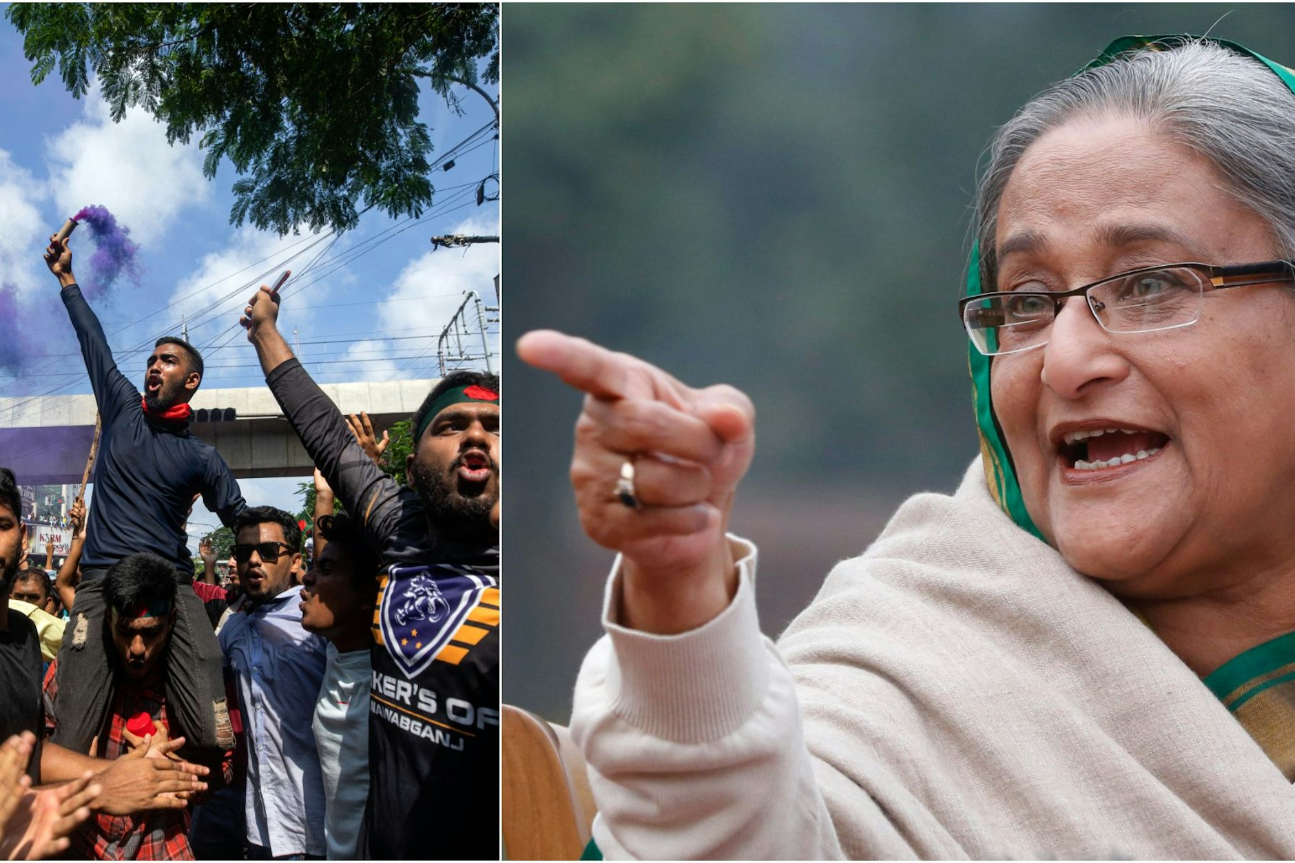 Bangladeschs Premierministerin Sheikh Hasina (rechts) trat am Montag, den 5. Juni 2024, zurück und beendete damit ihre 15-jährige Amtszeit, nachdem Tausende von Demonstranten eine Ausgangssperre des Militärs missachtet und ihren Amtssitz gestürmt hatten.