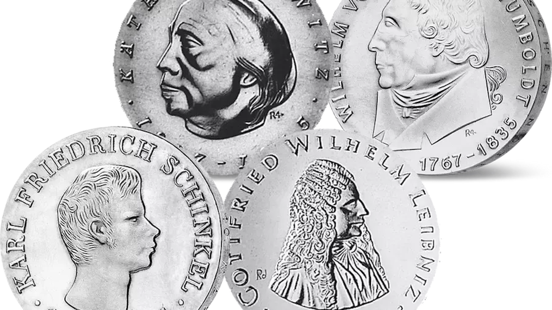 Der legendäre „erste Vierer“: Diese ersten 20-Mark-Gedenkmünzen der DDR zeigen Käthe Kollwitz, Wilhelm von Humboldt, Karl Friedrich Schinkel und&nbsp; Gottfried Wilhelm Leibniz. Dieses Set ist bis zu 800 Euro wert.