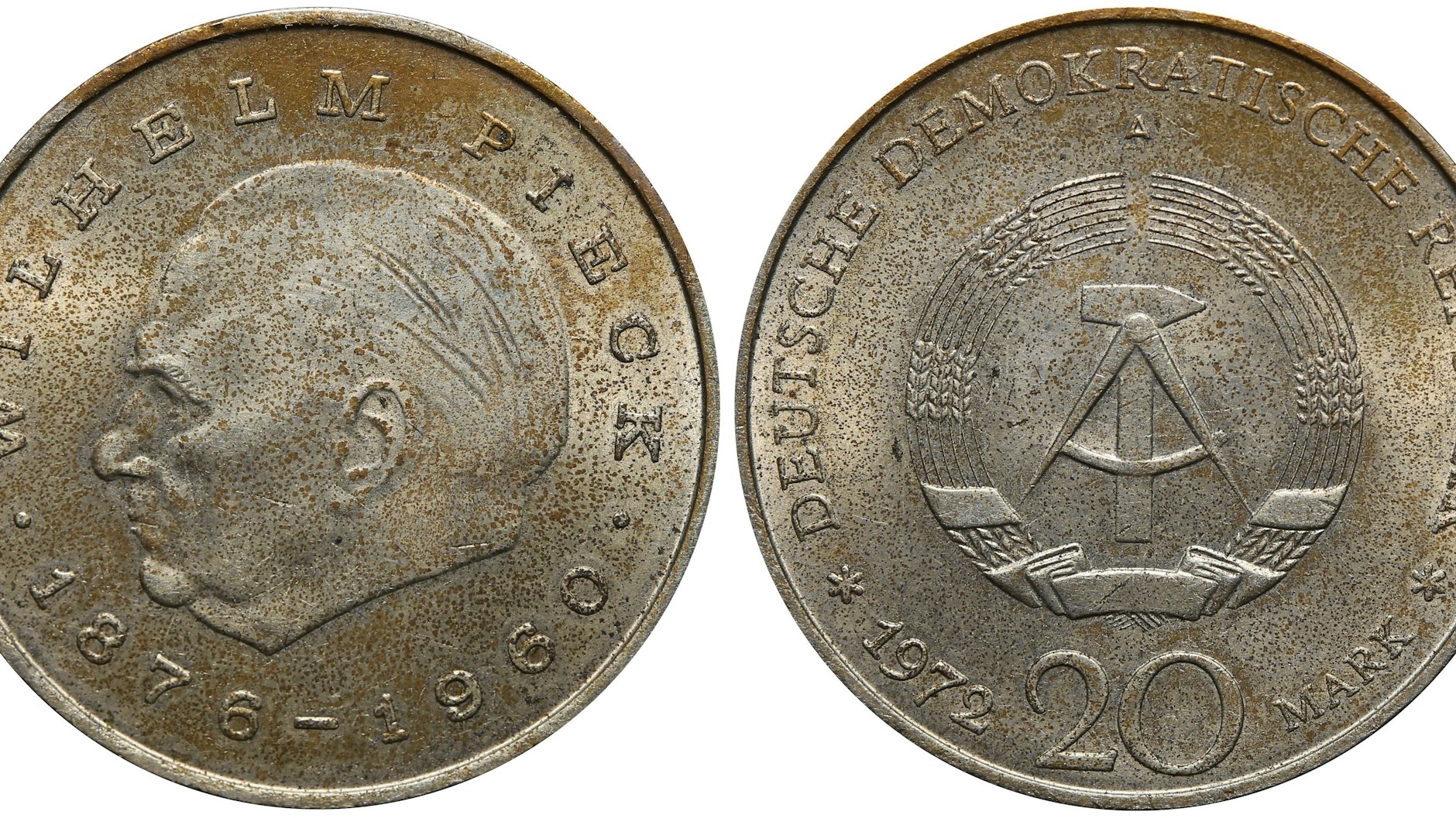Eine DDR-Gedenkmünze im Wert von 20 Mark: 122 verschiedene Motive wurde auf den Vorderseiten geprägt. Auf dieser Münze ist DDR-Präsident Wilhelm Pieck zu sehen.
