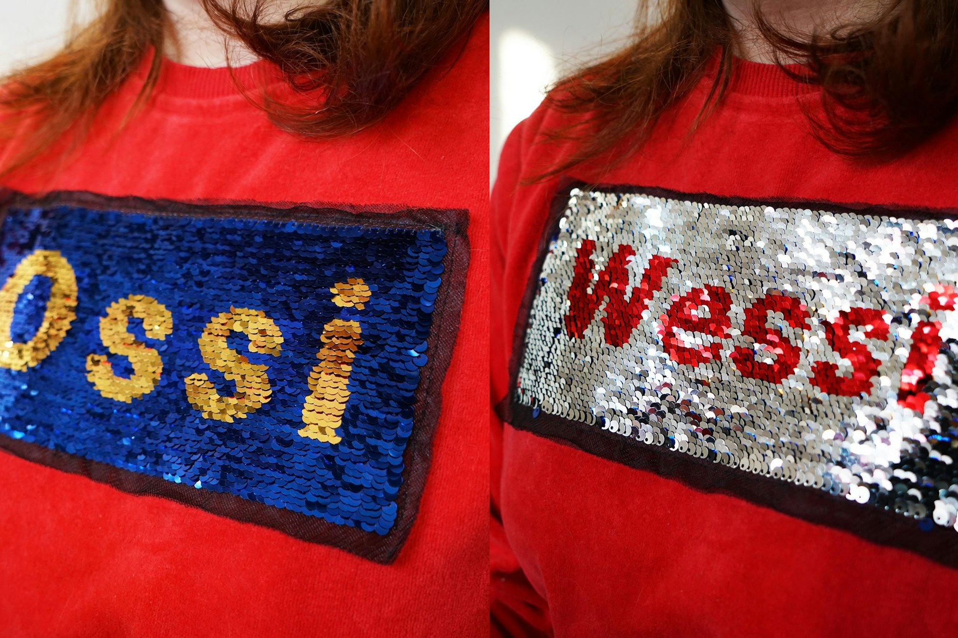 Im Ossi/Wessi-Nähcafé können Wende-Pailletten auf die eigene Kleidung aufgenäht werden.