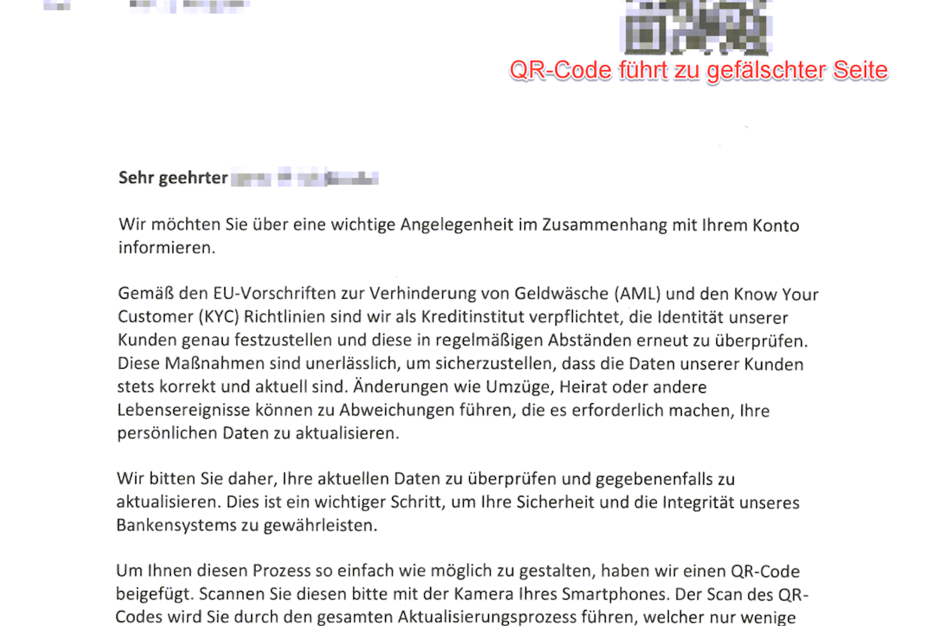 So sieht ein Phishing-Brief mit einem QR-Code aus.
