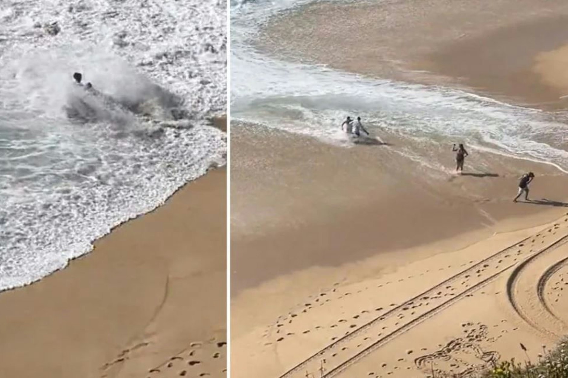 Das Hochzeitspaar wird von einer Welle erwischt - und muss klitschnass an den Strand flüchten. 