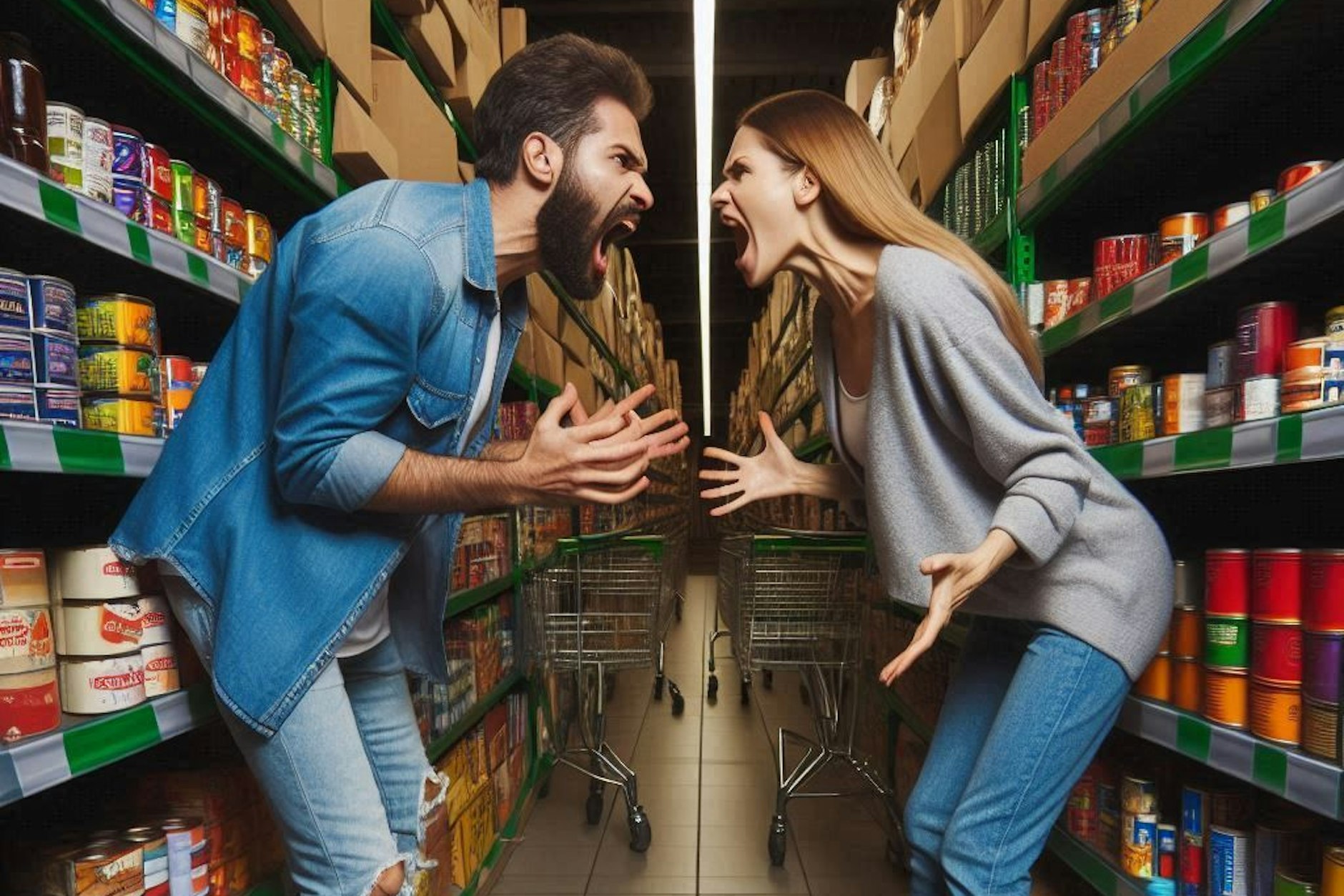 Konflikte gibt es auch im Supermarkt - so stellt es sich die künstliche Intelligenz vor.