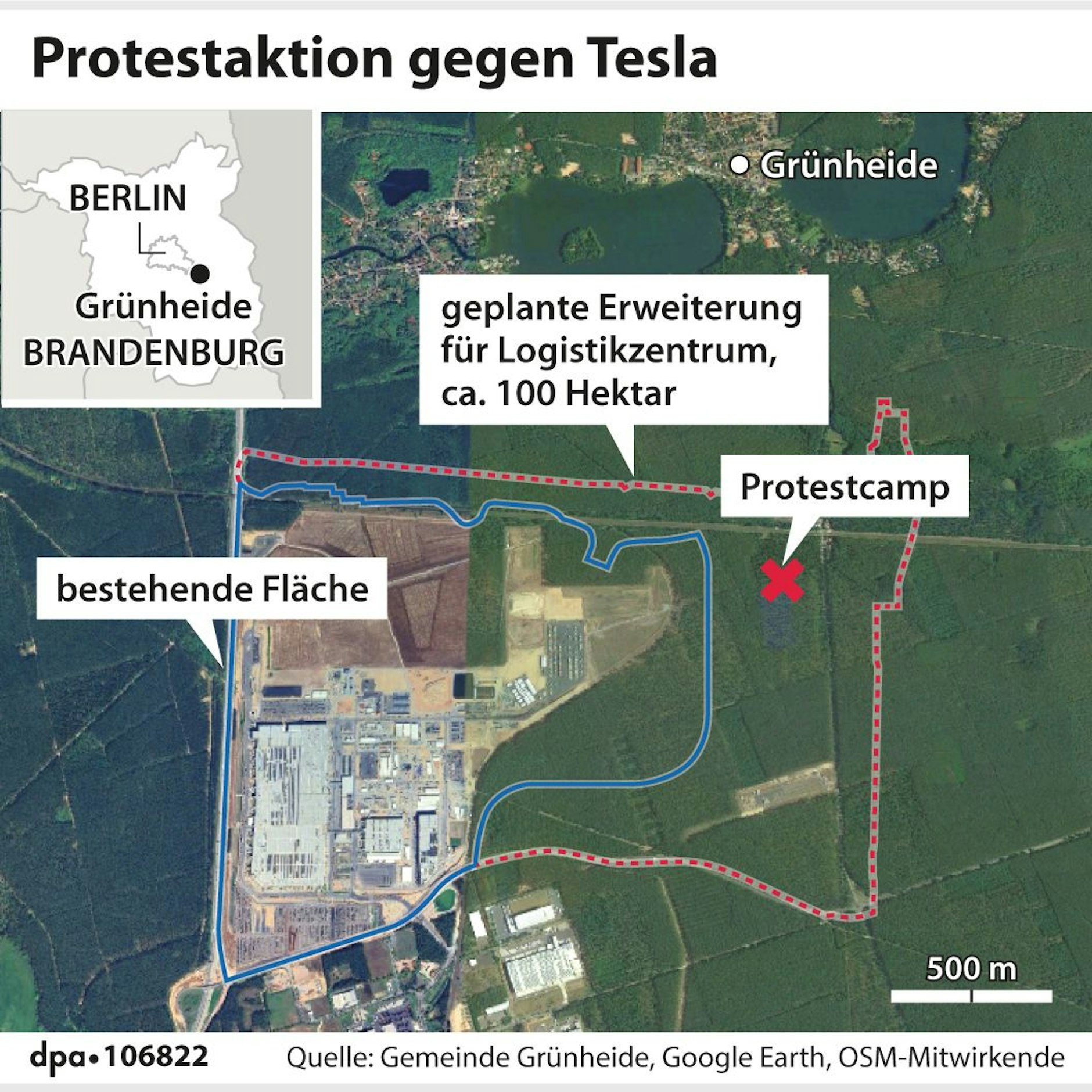 Diese Karte zeigt die Position des Protestcamps gegen die Tesla-Fabrik.