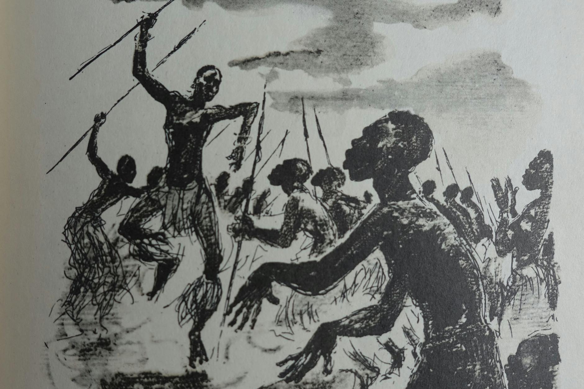 Eine Illustration aus „Nobi “von Ludwig Renn, in der DDR erschienen.