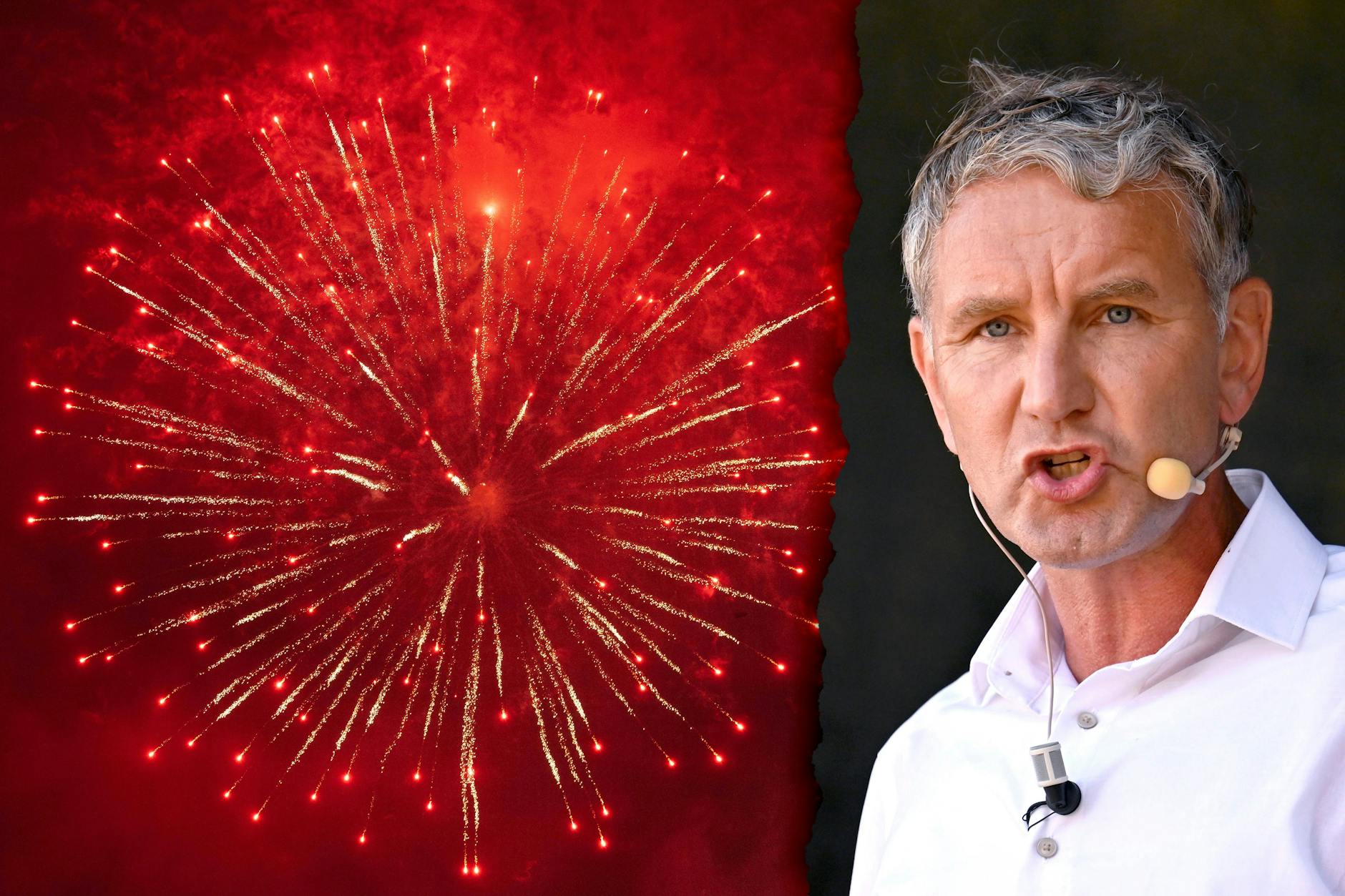 Der Pyrotechnik-Bundesverband schießt scharf gegen die AfD. Rechts: Politiker Björn Höcke (AfD) bei der Abschlusskundgebung der AFD im Wahlkampf für die Landtagswahl in Thüringen.