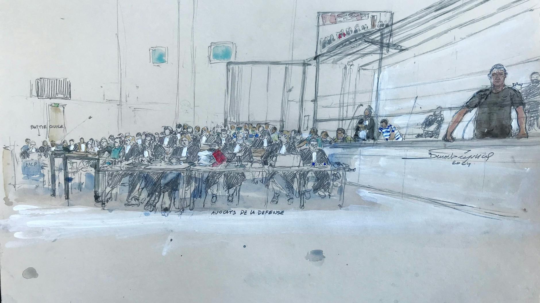 Die Zeichnung zeigt den Prozess in Avignon - rechts der Angeklagte Dominique P.