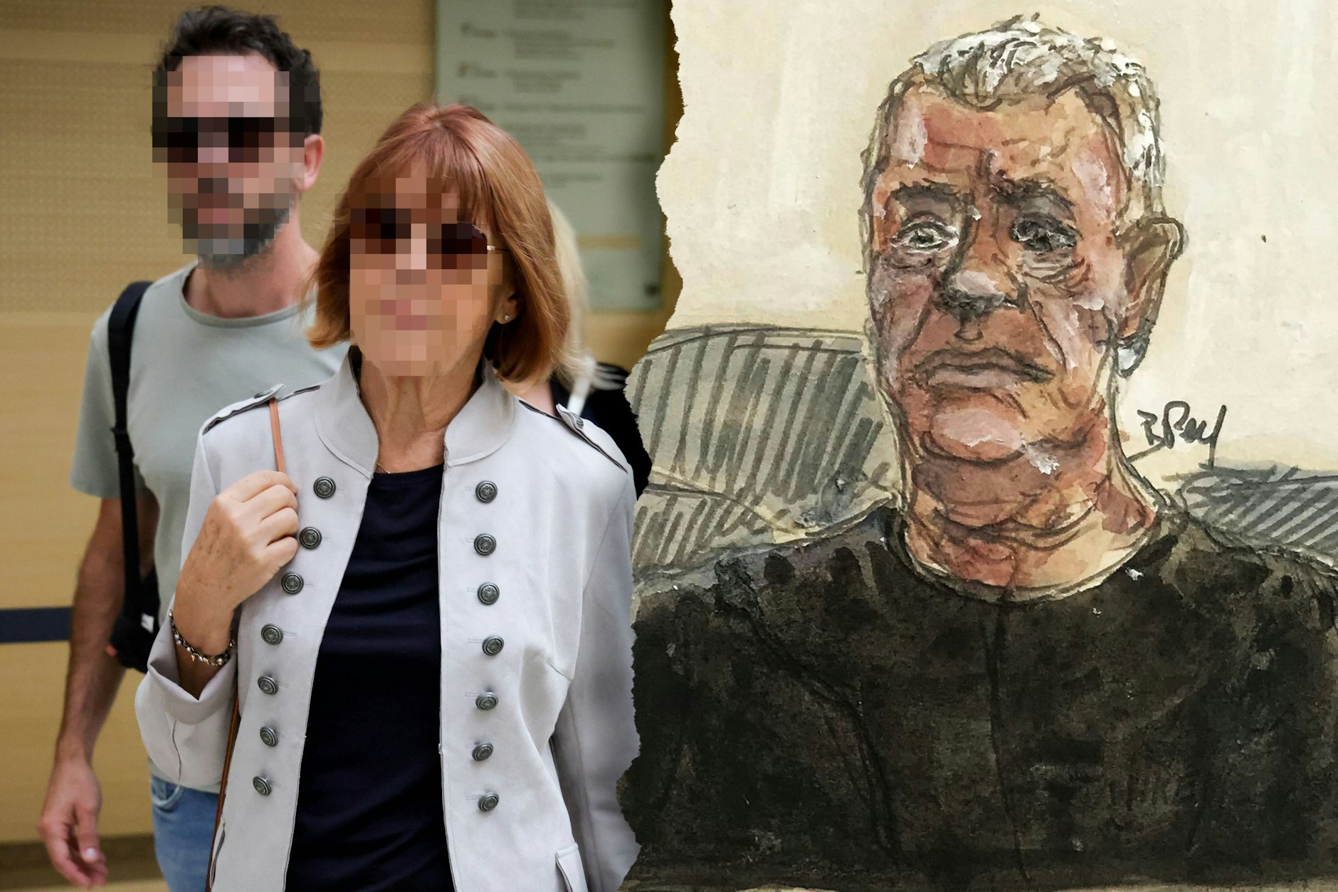 Links: Gisele P., das Opfer. Ihr Mann Dominique P. soll die Frau unter Drogen gesetzt haben, dann vergingen sich fremde Männer an ihr. Die Zeichnung zeigt den Täter vor Gericht.