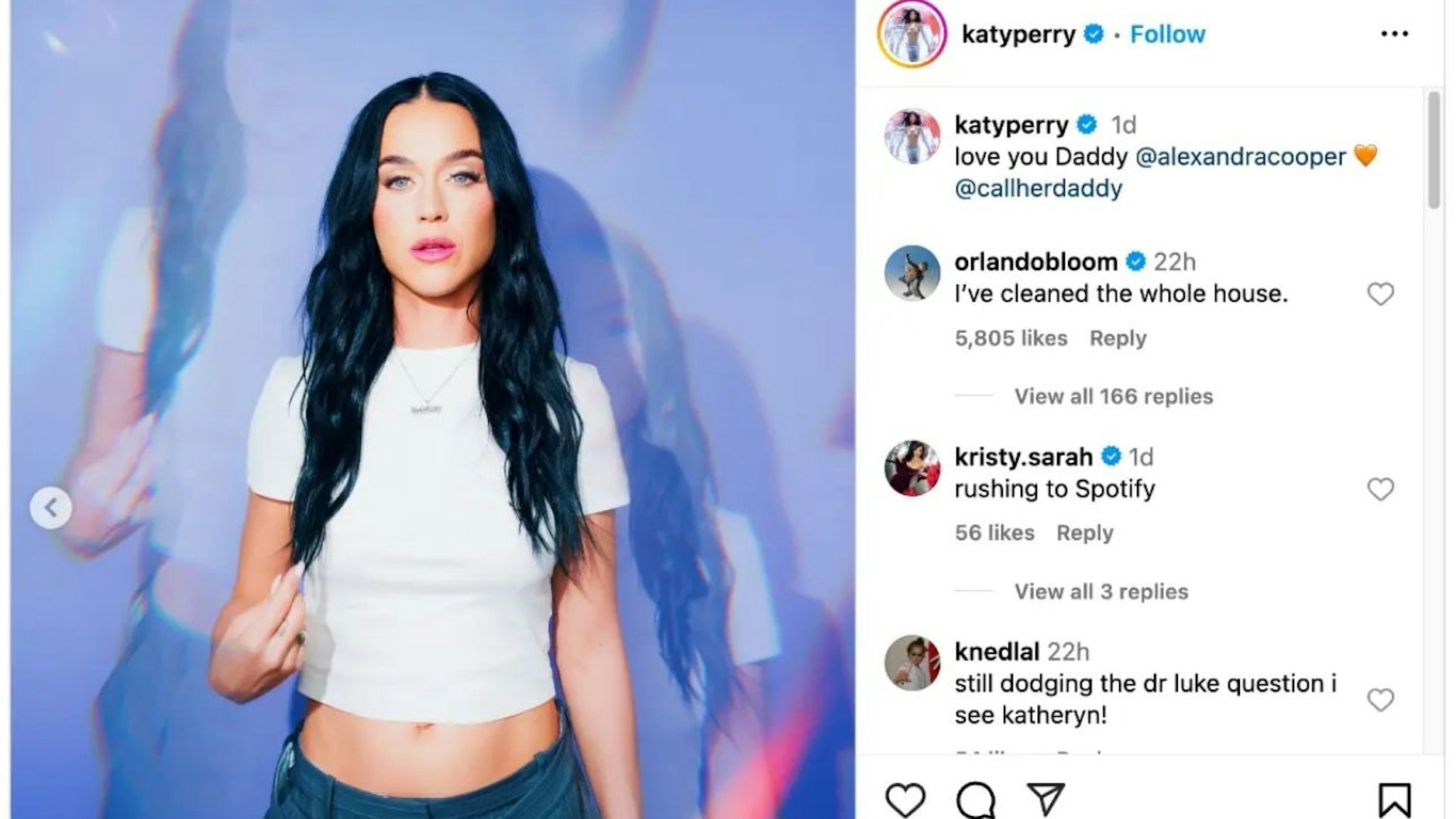 Orlandos Kommentar unter dem Instagram-Post seiner Verlobten Katy Perry.