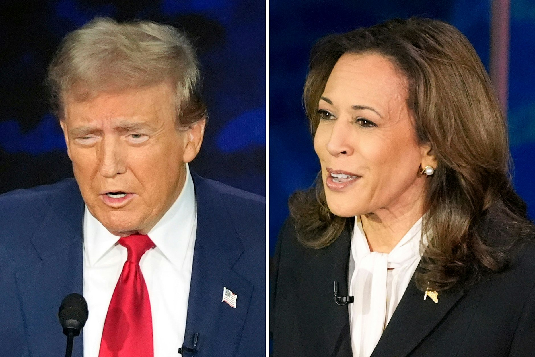 Der ehemalige US-Präsident Donald Trump (l.) und die demokratische Präsidentschaftskandidatin und US-Vizepräsidentin Kamala Harris während der TV-Debatte.