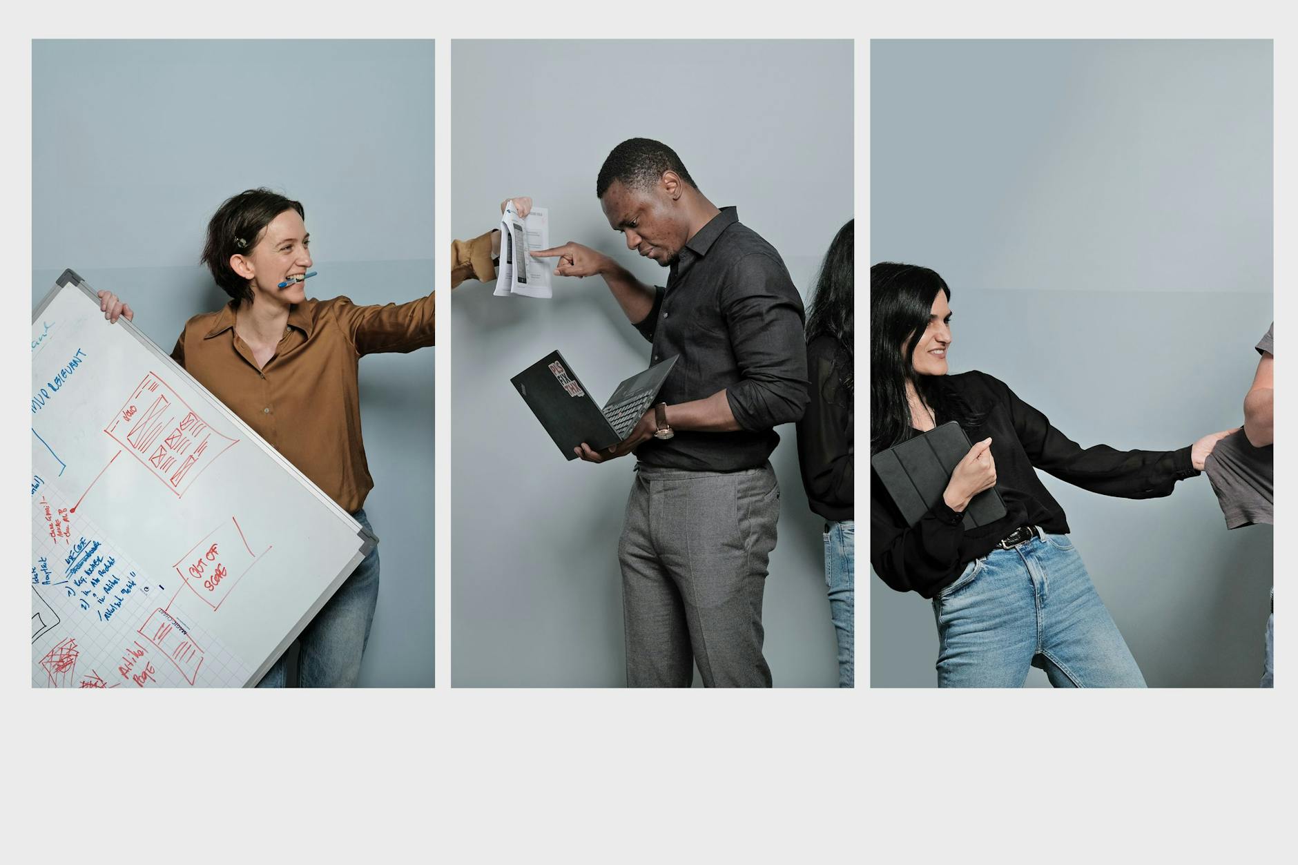 Mitarbeiter des Digital-Product-Teams des Berliner Verlags anlässlich des Starts der Transformation im Herbst 2019: Inna Frank, Erons Festus-Ikhuoria und Rosa Abdulla (v.l.)