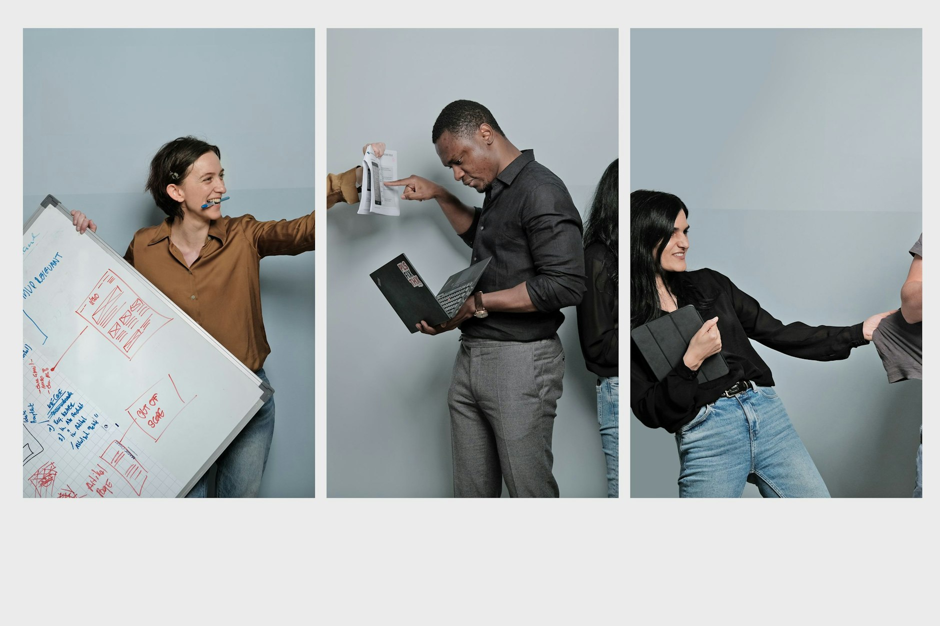 Mitarbeiter des Digital-Product-Teams des Berliner Verlags anlässlich des Starts der Transformation im Herbst 2019: Inna Frank, Erons Festus-Ikhuoria und Rosa Abdulla (v.l.)