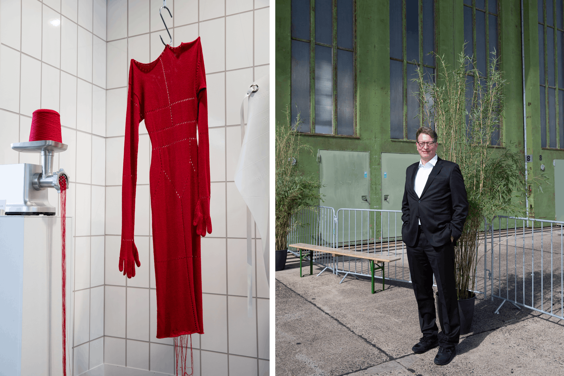 Modedesignerin Nadine Aurin hat ein Schlachthaus nachgebaut, Messechef Kristian Jarmuschek findet das gut.