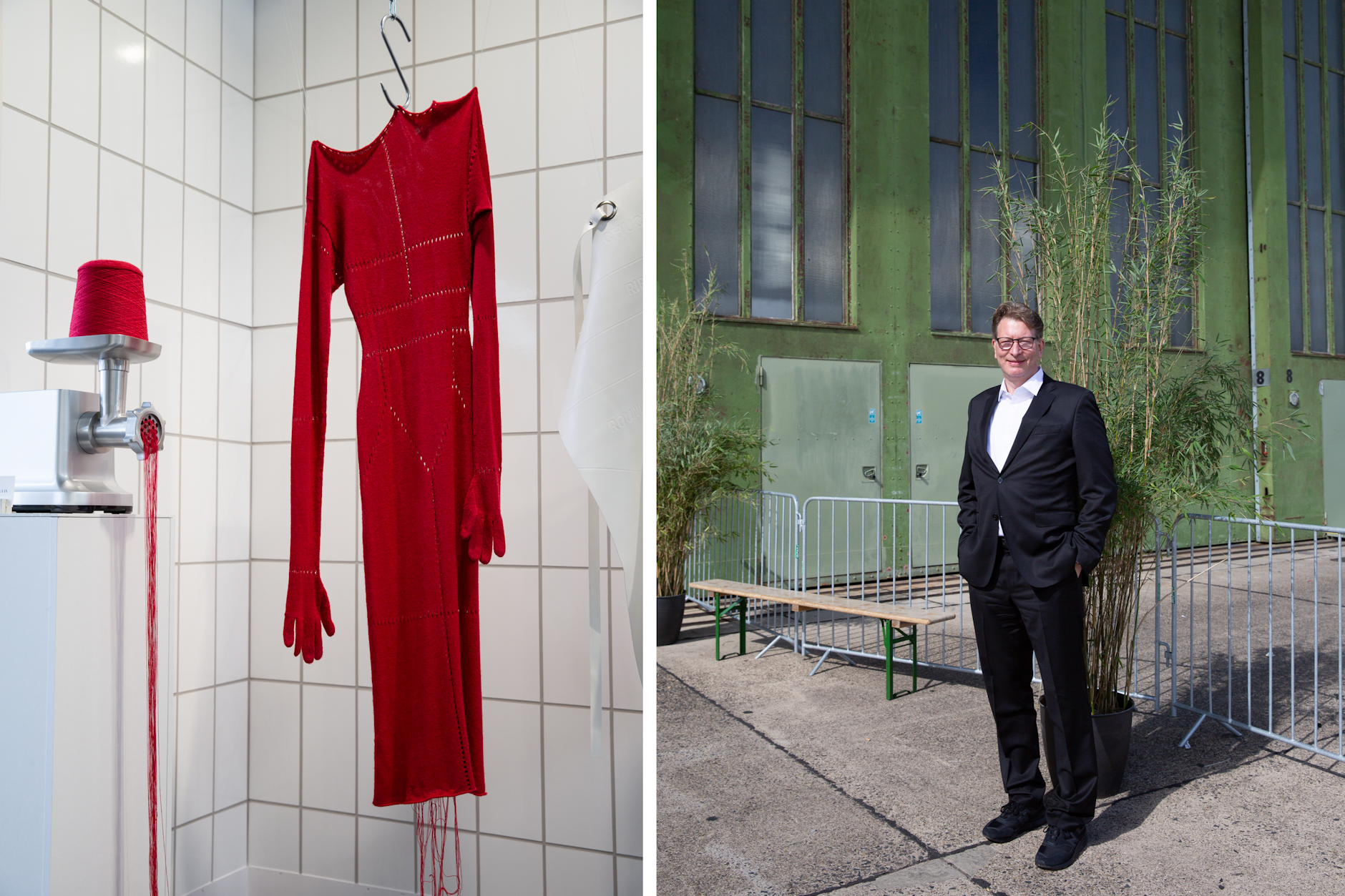 Modedesignerin Nadine Aurin hat ein Schlachthaus nachgebaut, Messechef Kristian Jarmuschek findet das gut.