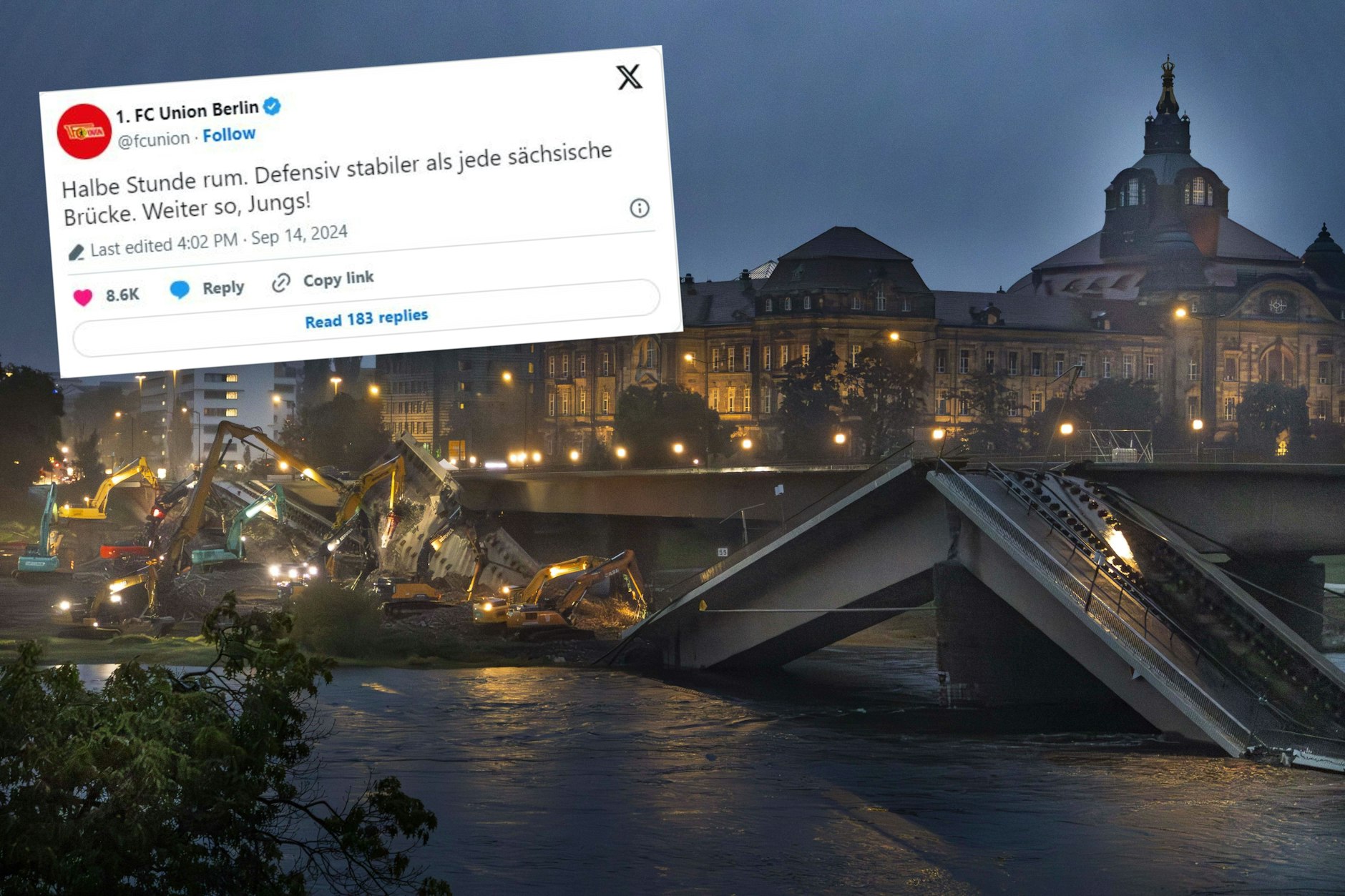 Der 1. FC Union macht während des Spiels bei RB Leipzig einen schlechten Witz über die eingestürzte Carolabrücke in Dresden. Zum Skandal reicht das aber nicht.