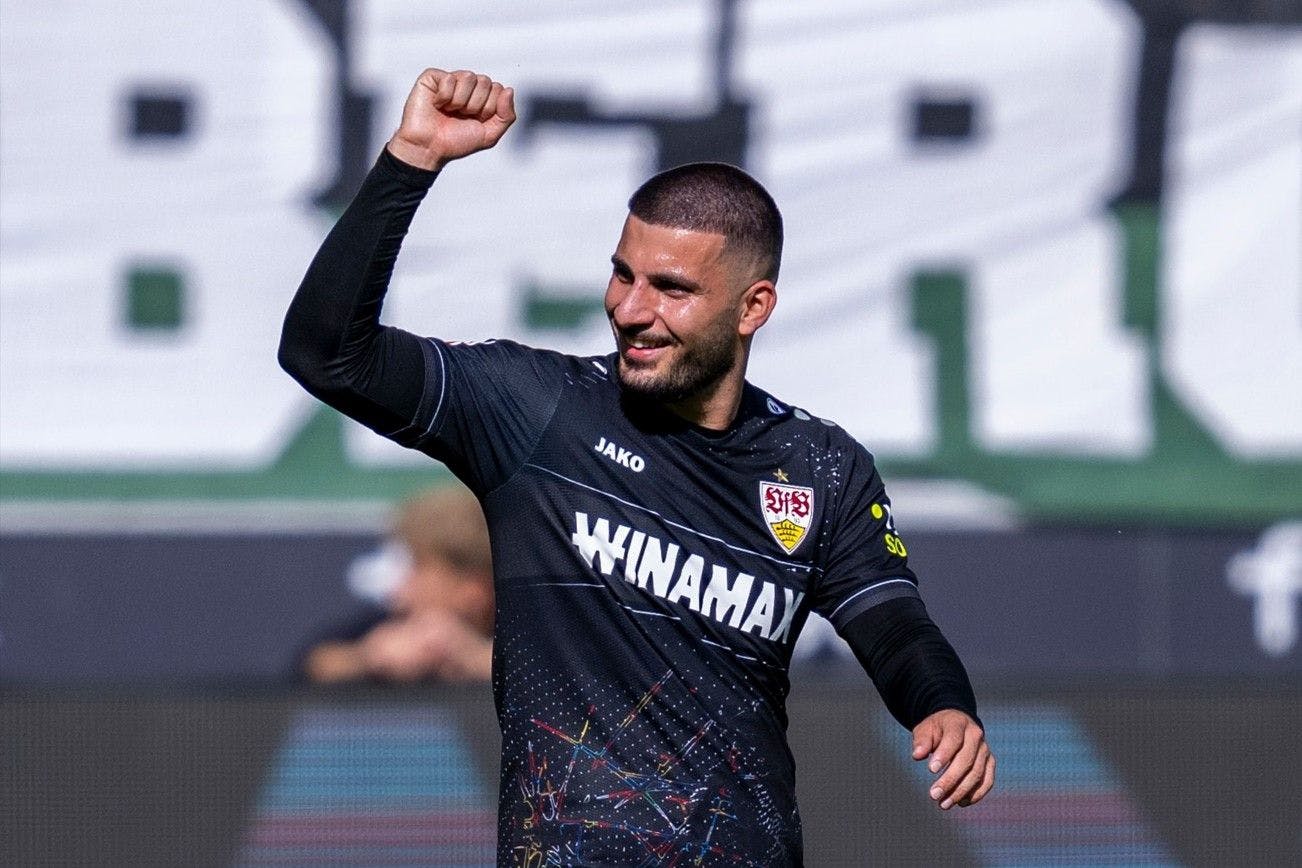 Stuttgarts Deniz Undav jubelt am Sonnabend in der Fußball-Bundesliga nach seinem Tor zum 0:1 in Mönchengladbach.