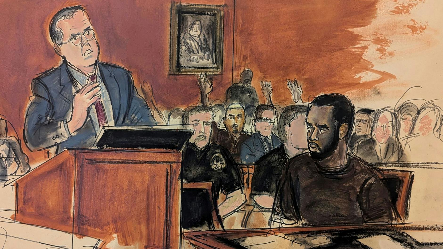 In dieser Skizze aus dem Gerichtssaal blickt Sean Combs (r) auf seinen Anwalt Marc Agnifilo (l) während er sein Kautionsargument im Bundesgericht in Manhattan vorträgt. 