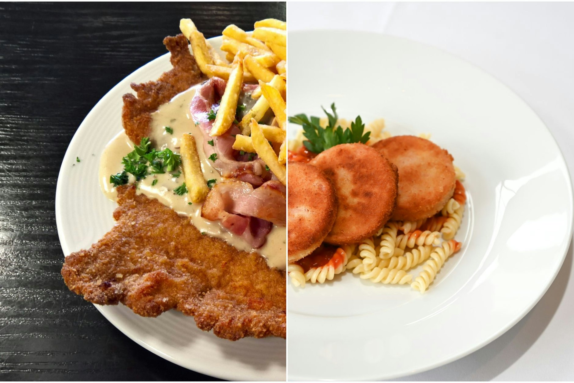 Während der Wessi an sein Jägerschnitzel mit Pilzsoße denkt, überrascht Berlin mit einer Jagdwurst-Variante in knuspriger Panade. Zwei Schnitzel, die unterschiedlicher nicht sein könnten – aber beide sind Kult!
