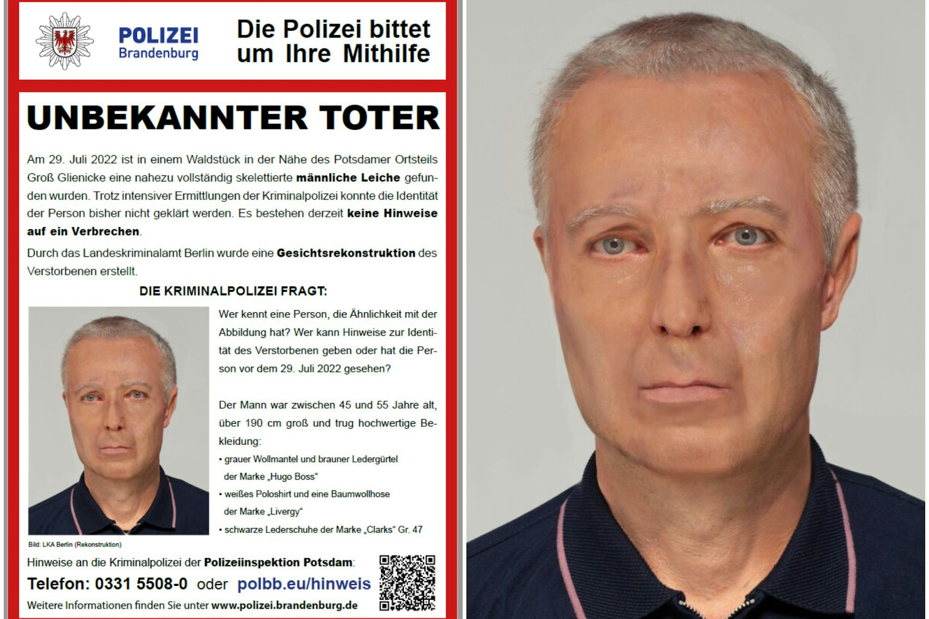 Potsdam: Mit diesem rekonstruierten Bild des Unbekannten sucht die Polizei nach Hinweisen: Wer kennt diesen Mann oder kann Angaben zu seiner Identität machen?