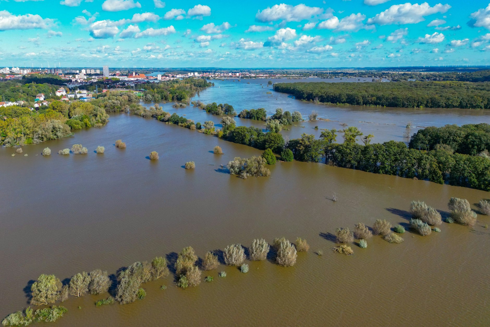 Frankfurt (Oder): Wo vorher Wiesen und Wege waren, hatte das Hochwasser alles überflutet. Jetzt gehen die Wasserstände an der Oder wieder zurück.