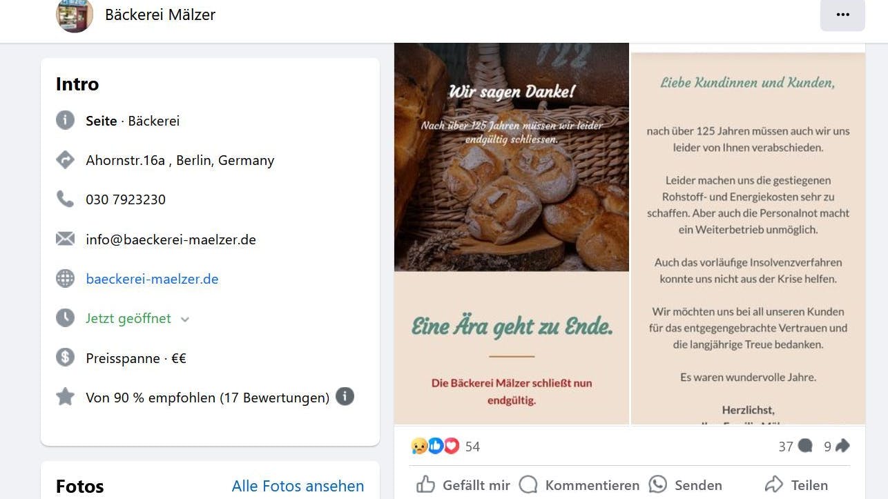 So verabschiedete sich die Bäckerei Mälzer auf Facebook von ihren Kunden.