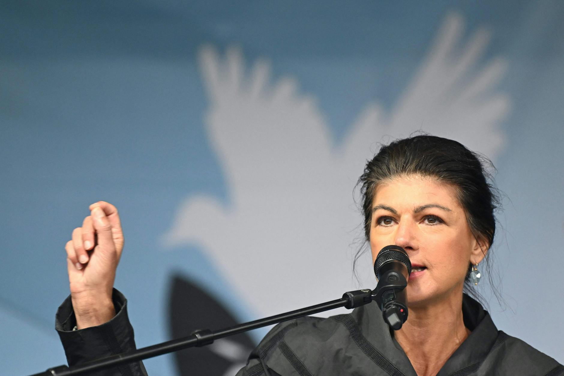 Sahra Wagenknecht spricht auf der Friedensdemo.
