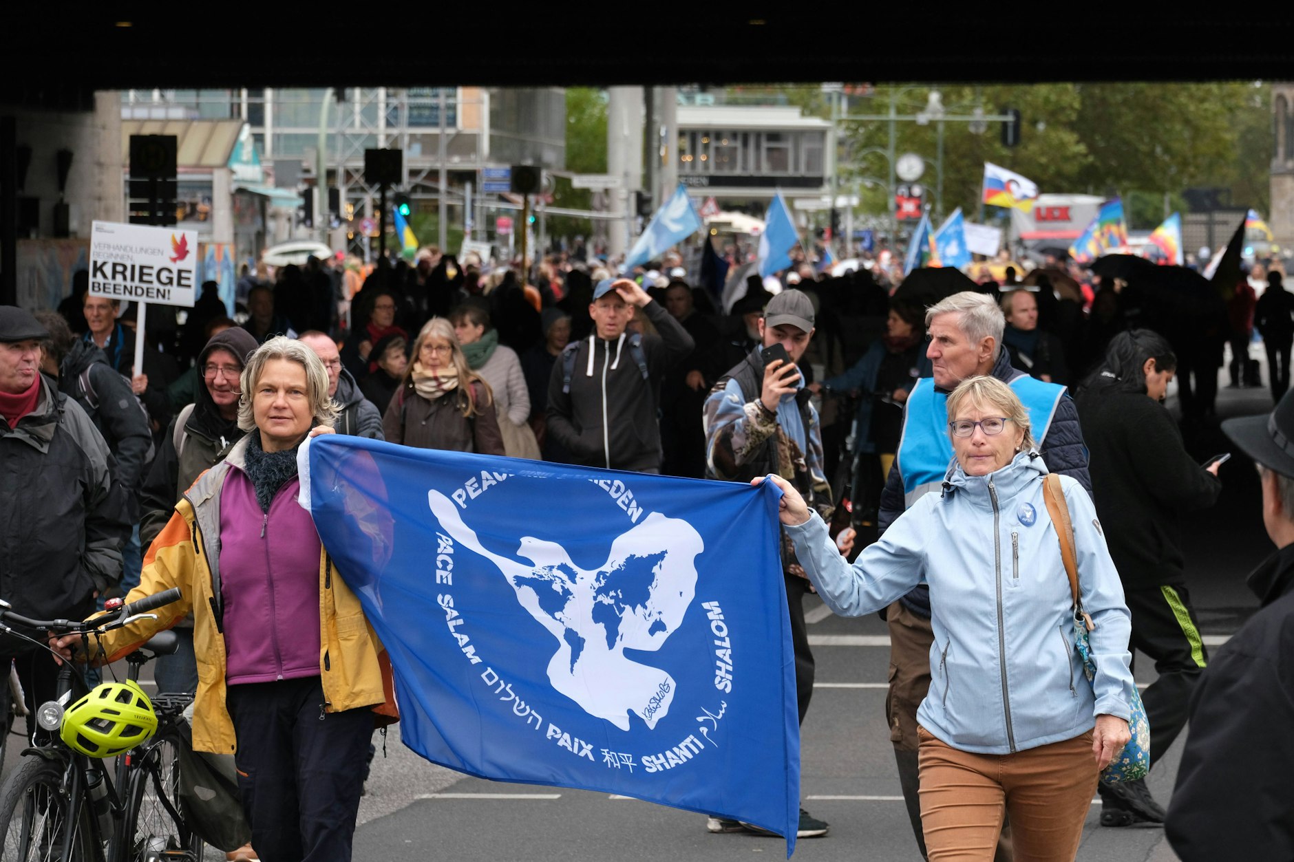 Etliche Demo-Teilnehmer schwenkten Fahnen mit der Friedenstaube.