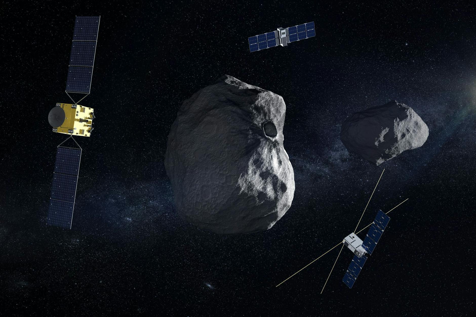 Illustration der Mission „Hera“ mit Raumsonde (l) und begleitenden CubeSats (oben Milani und unten Juventas) am Doppel-Asteroiden Dimorphos/Didymos.