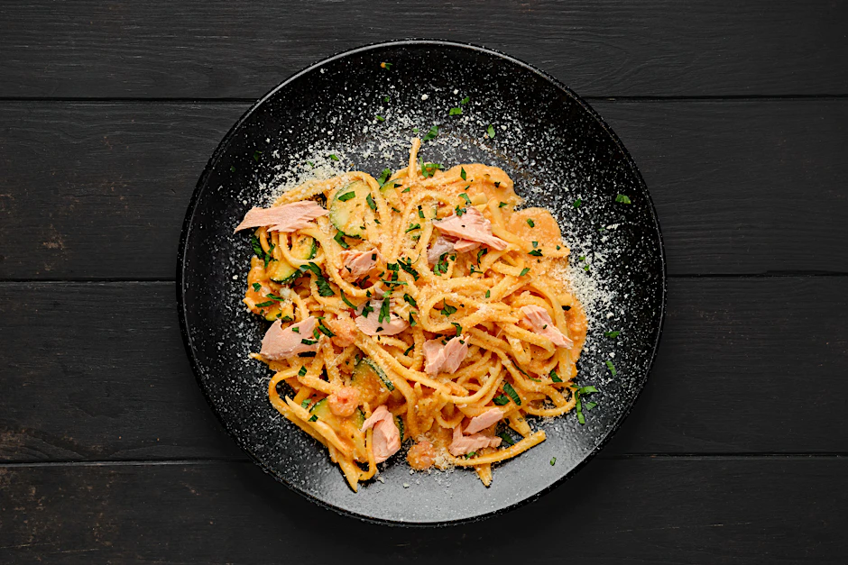 Leckere Lachsnudeln mit Pesto sind für die ganze Familie ein Hochgenuss.