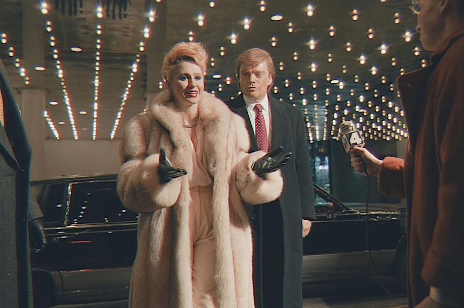 Eine Szene aus „The Apprentice“ mit&nbsp;Sebastian Stan als Donald Trump&nbsp;und&nbsp;Maria Bakalova als Ivana Trump, seiner ersten Ehefrau