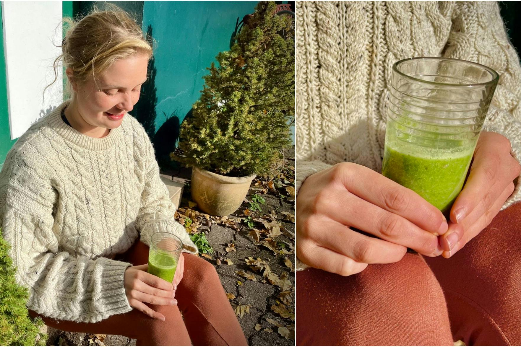 Fiona genießt ihren selbstgemachten Immunbooster draußen, während der Wind die ersten Blätter durch den Garten wirbelt. Ein Smoothie, der nicht nur gut schmeckt, sondern auch den Körper stärkt – perfekt für die kälteren Tage! So machen Sie ihn in 7 Minuten zu Hause!