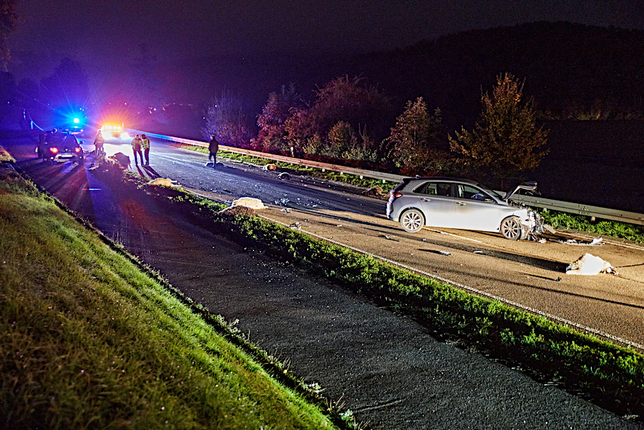 Die Unfallstelle auf der Bundesstraße 19 zwischen Königsbronn und Aalen-Oberkochen ist von der Polizei abgesperrt. In tiefer Dunkelheit ist ein Autofahrer in eine Schafherde gerast. Bei dem Unfall am späten Abend seien 13 Schafe noch am Ort des Unglücks verendet.