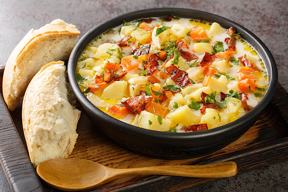 Die polnische Kartoffelsuppe mit Speck und Wurzelgemüse wärmt, ist gesund und wunderbar kräftig.