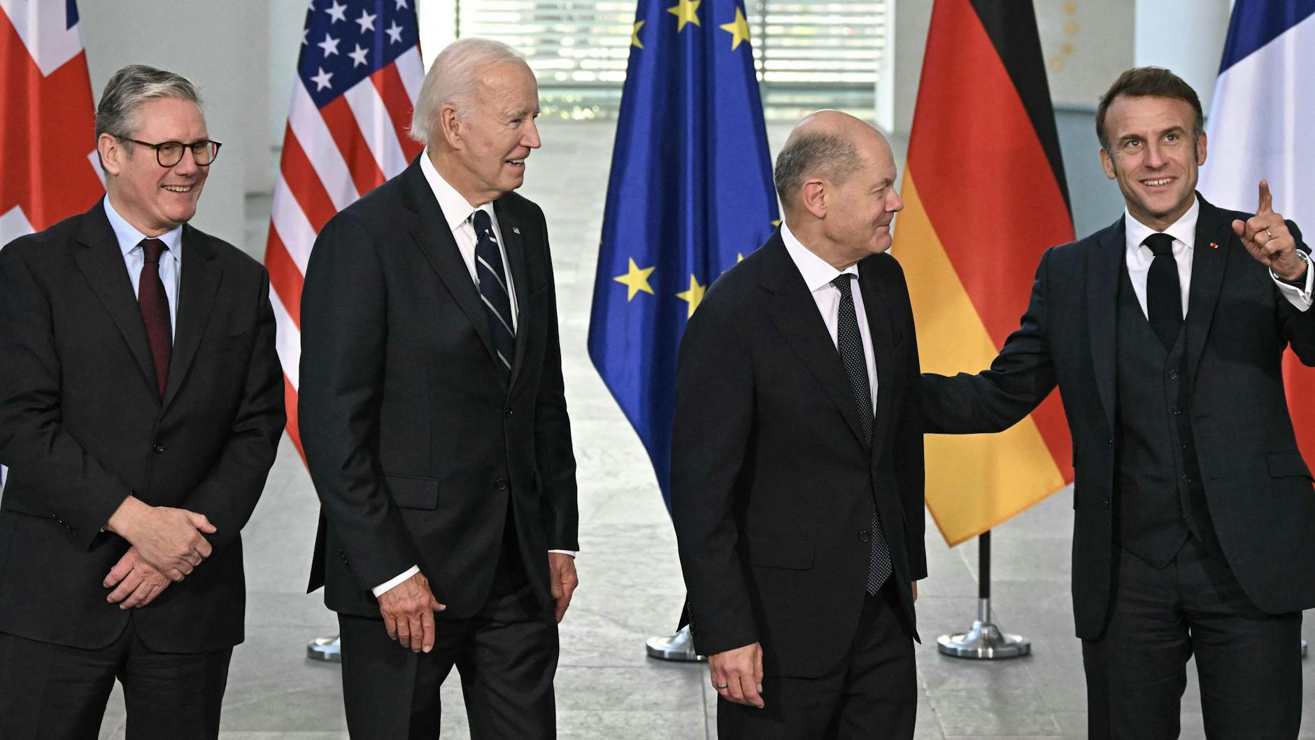 Keir Starmer, Joe Biden, Olaf Scholz und Emmanuel Macron (v. l.) im Bundeskanzleramt.