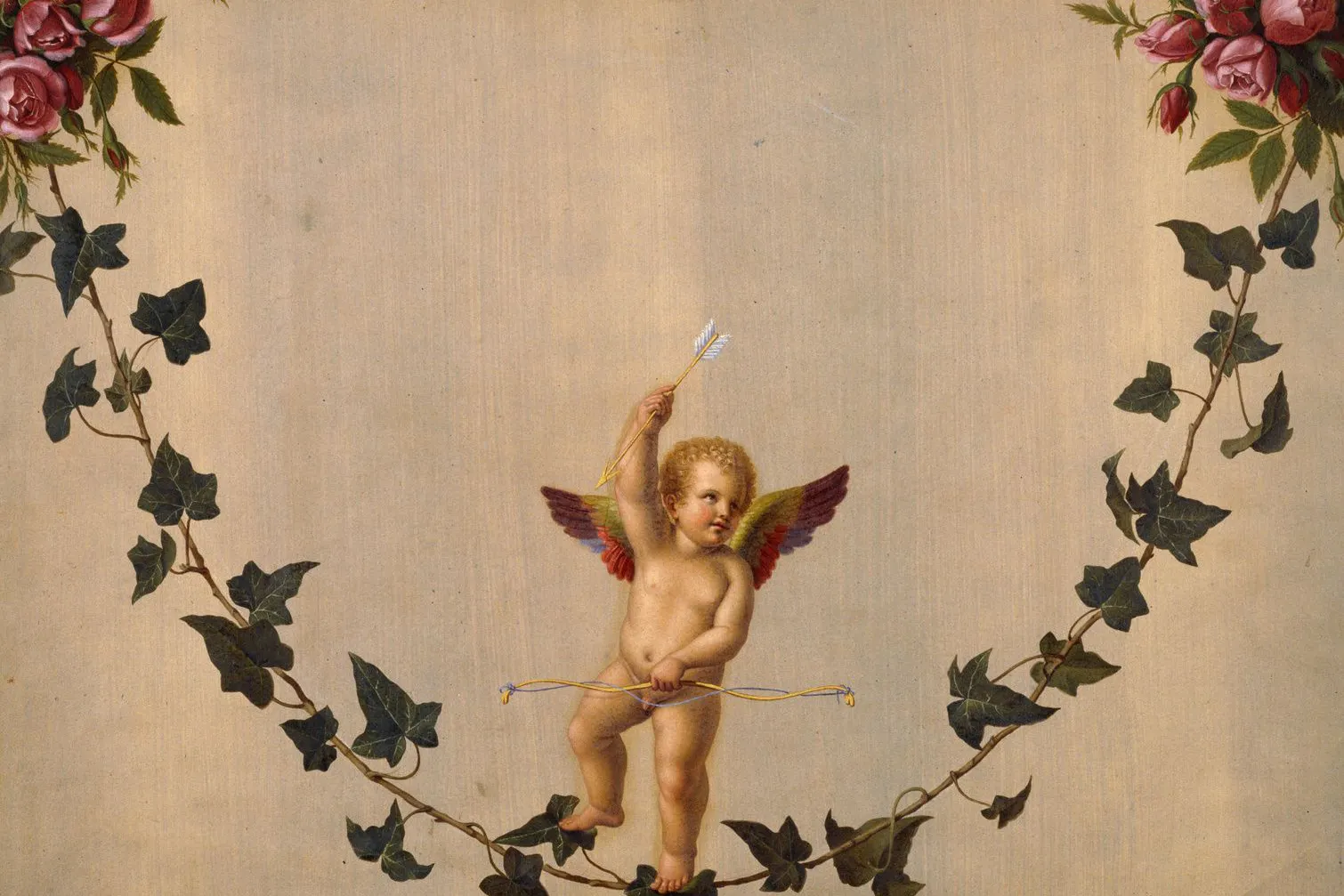 „Amor auf einer zwischen Rosenbouquets hängenden Efeuranke“ heißt dieses Gemälde von Adolf Senff.