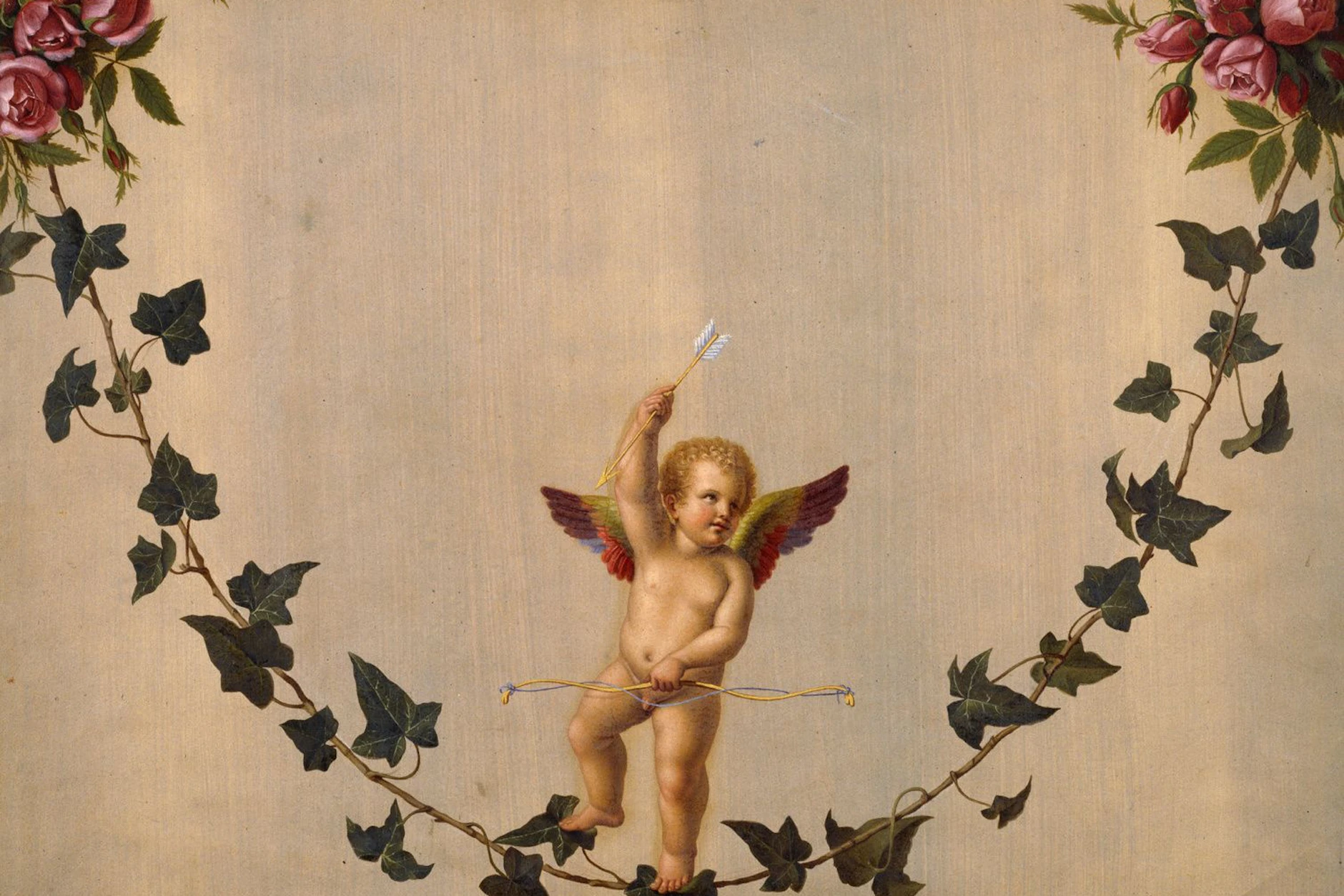 „Amor auf einer zwischen Rosenbouquets hängenden Efeuranke“ heißt dieses Gemälde von Adolf Senff.