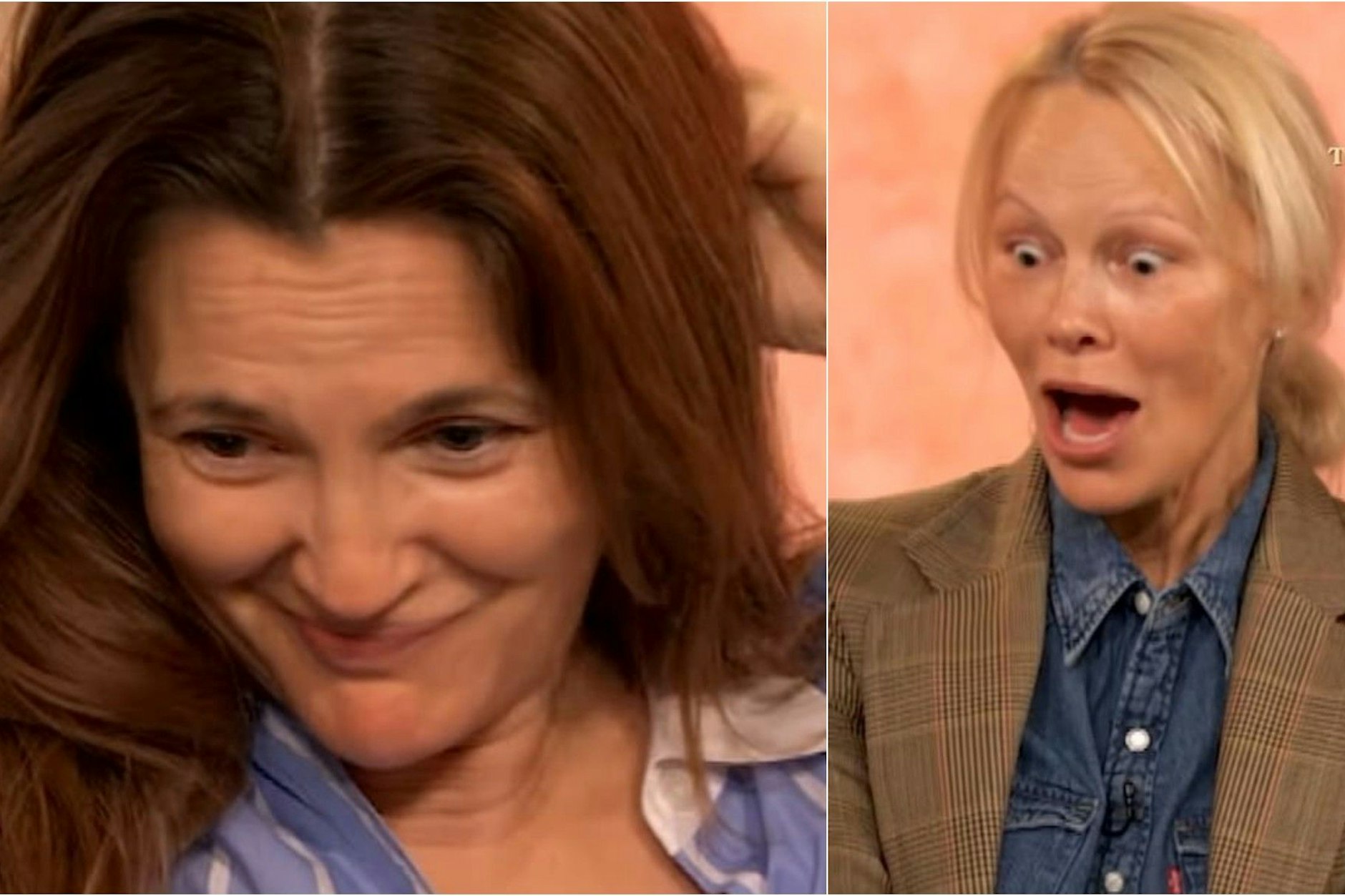 Drew Barrymore reißt sich ihre Extensions raus, Pamela Anderson kann es kaum fassen.