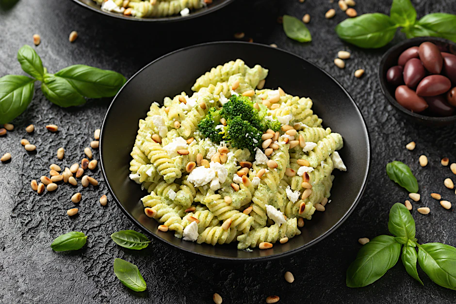 Am besten passen Spiralnudeln zum Pasta-Gericht mit Brokkoli, Feta und Pinienkernen. Sie verbinden sich besonders gut mit der Sauce.