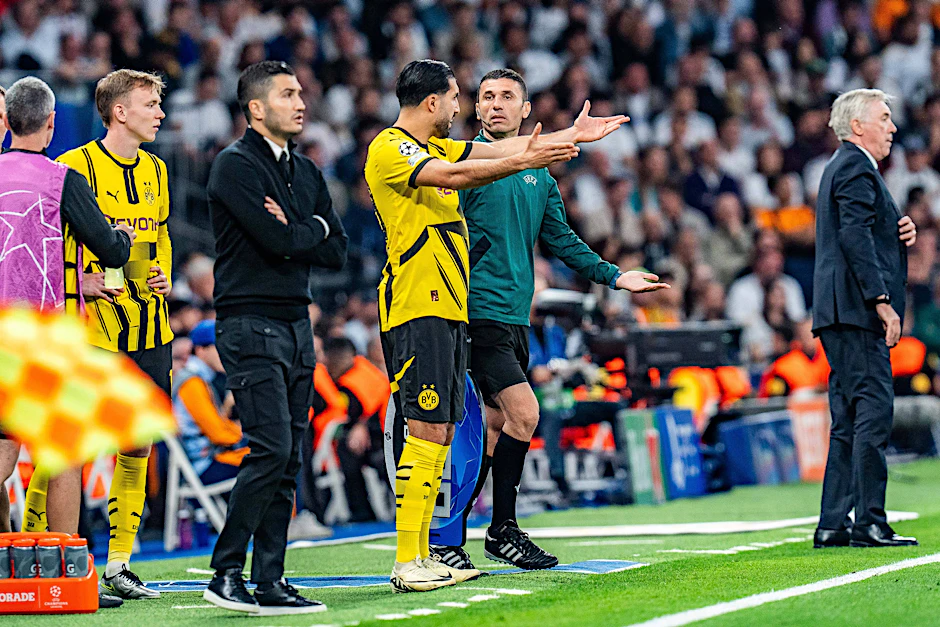 BVB-Trainer Nuri Sahin (36) stellt mit einer 2:0-Führung bei Real Madrid das System um. Am Ende verliert Dortmund mit 2:5.
