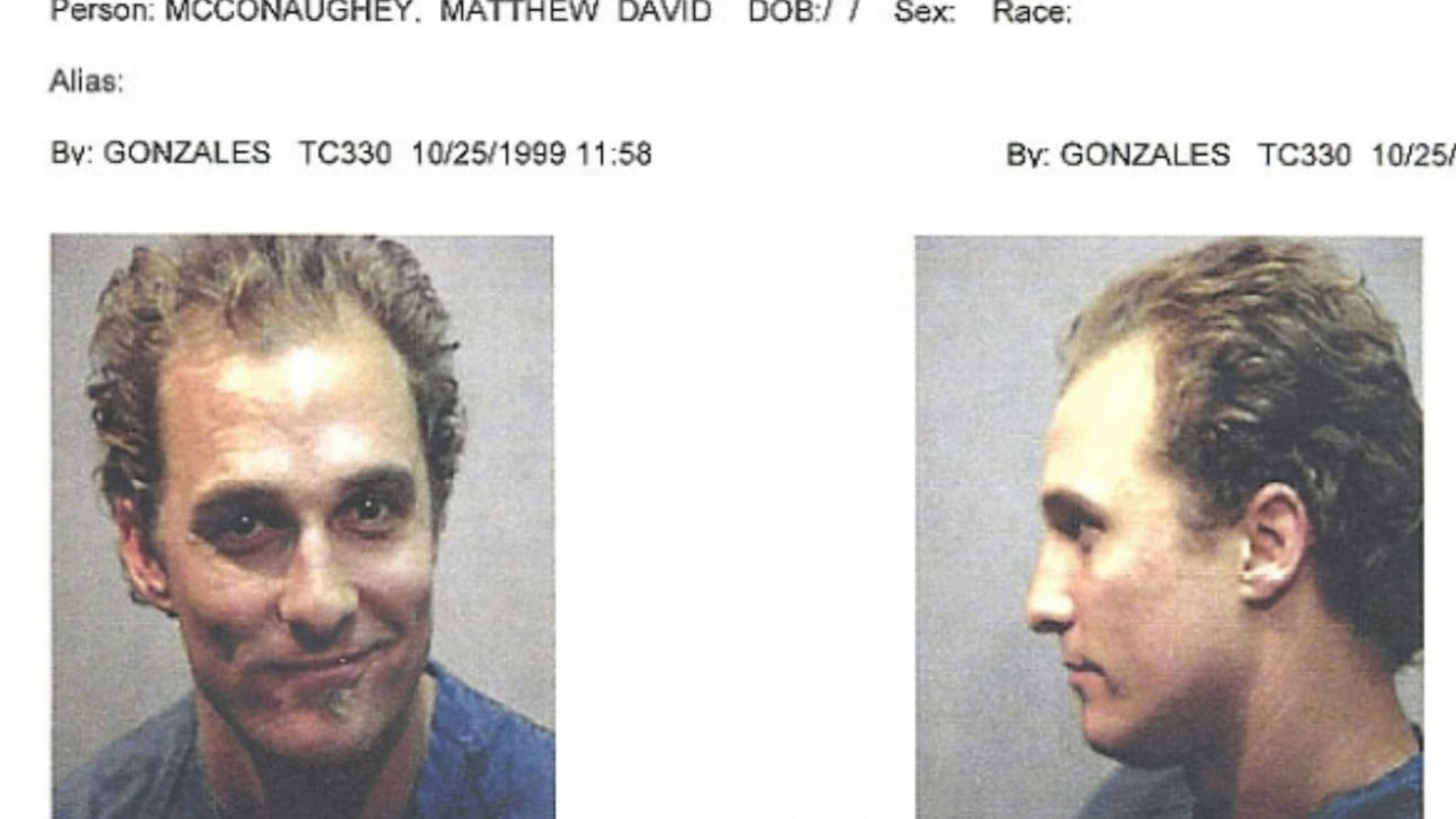 Polizeifoto von Schauspieler Matthew McConaughey 1999