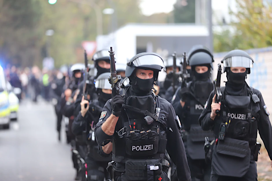 Spezialeinheiten der Polizei im Einsatz rund um die Gesamtschule in Köln.